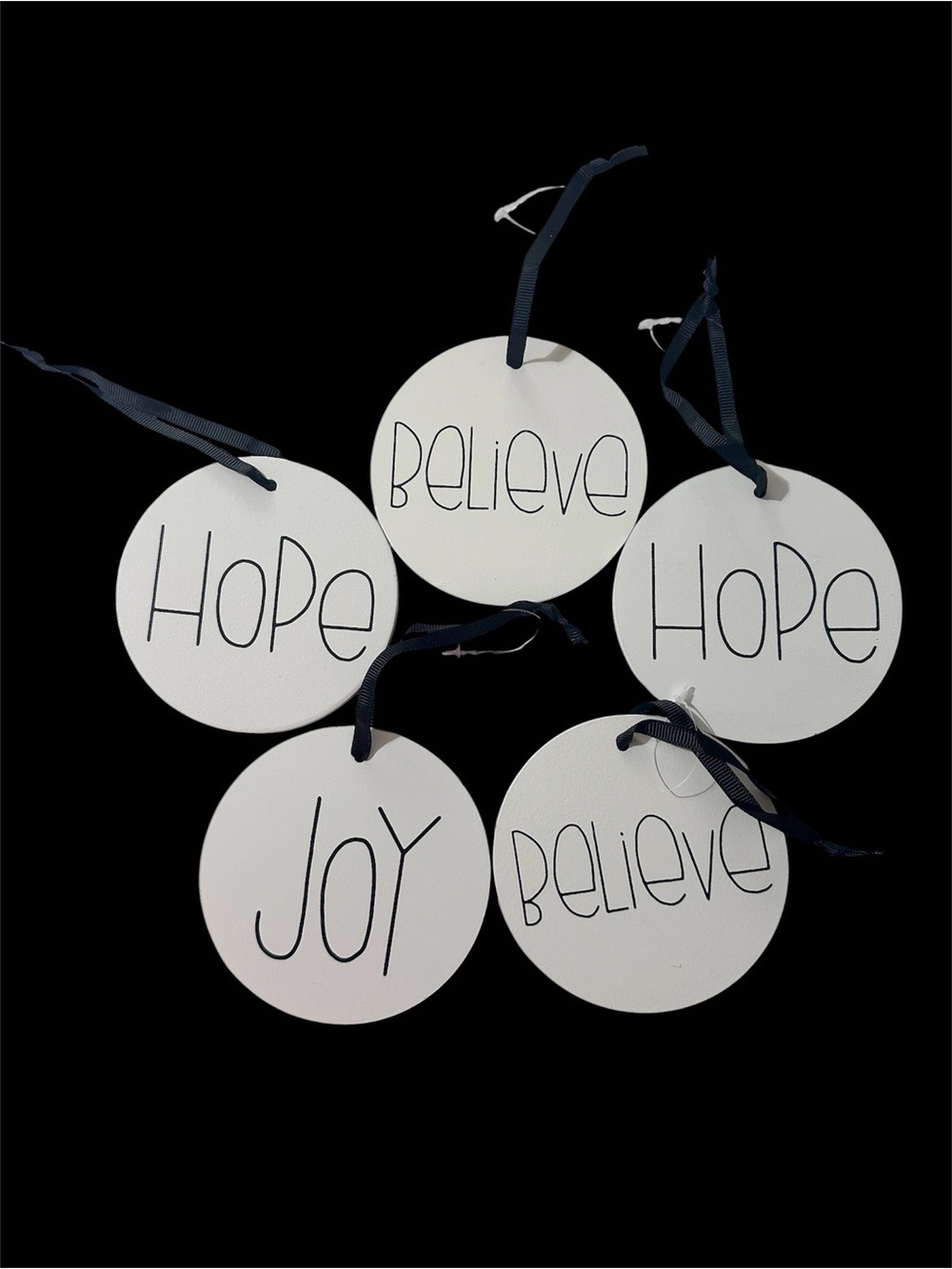 Hobby Lobby White 'Joy, Hope, Believe' Round Ornaments with Black Ribbon